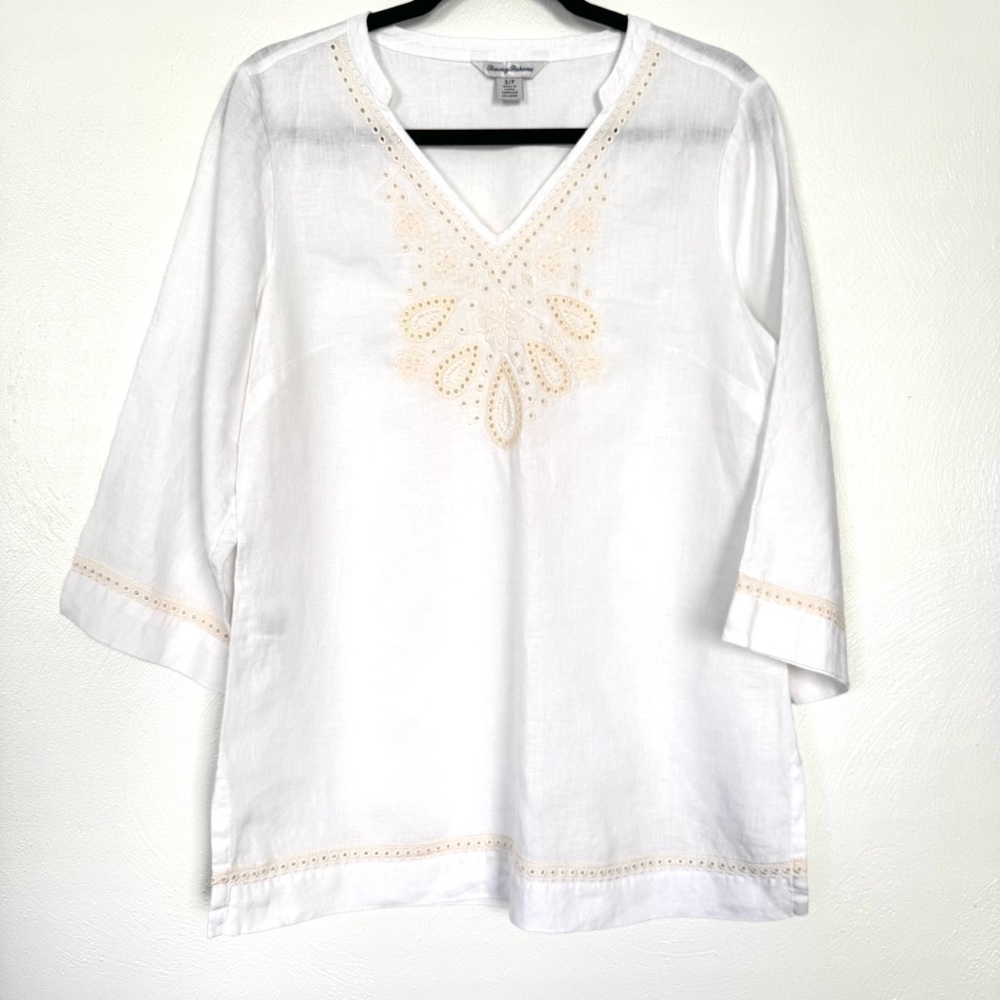 Tommy Bahama Top Women’s Small White 100% Linen Beaded Relax‎ Fit Bohemian Beach